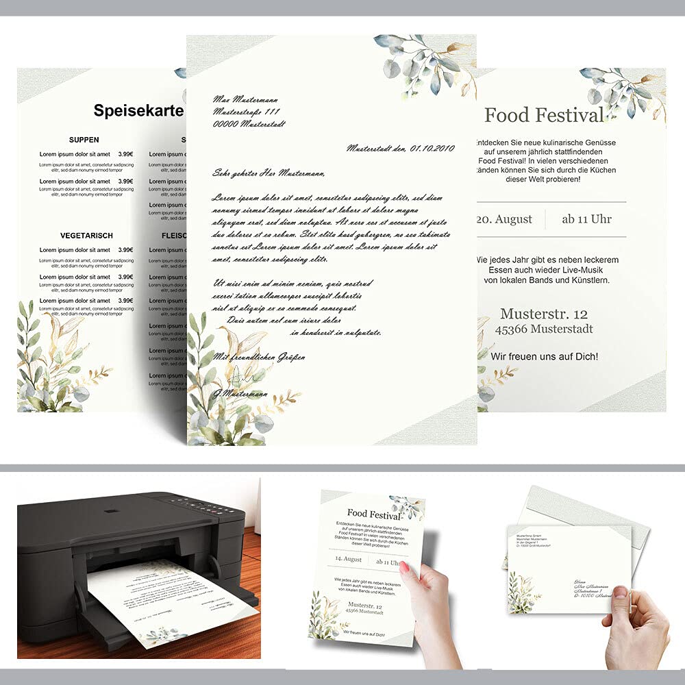 Set completo Fiori & Petali, RAMI VERDI 10 fogli carta da lettera e 10 buste DIN LANG