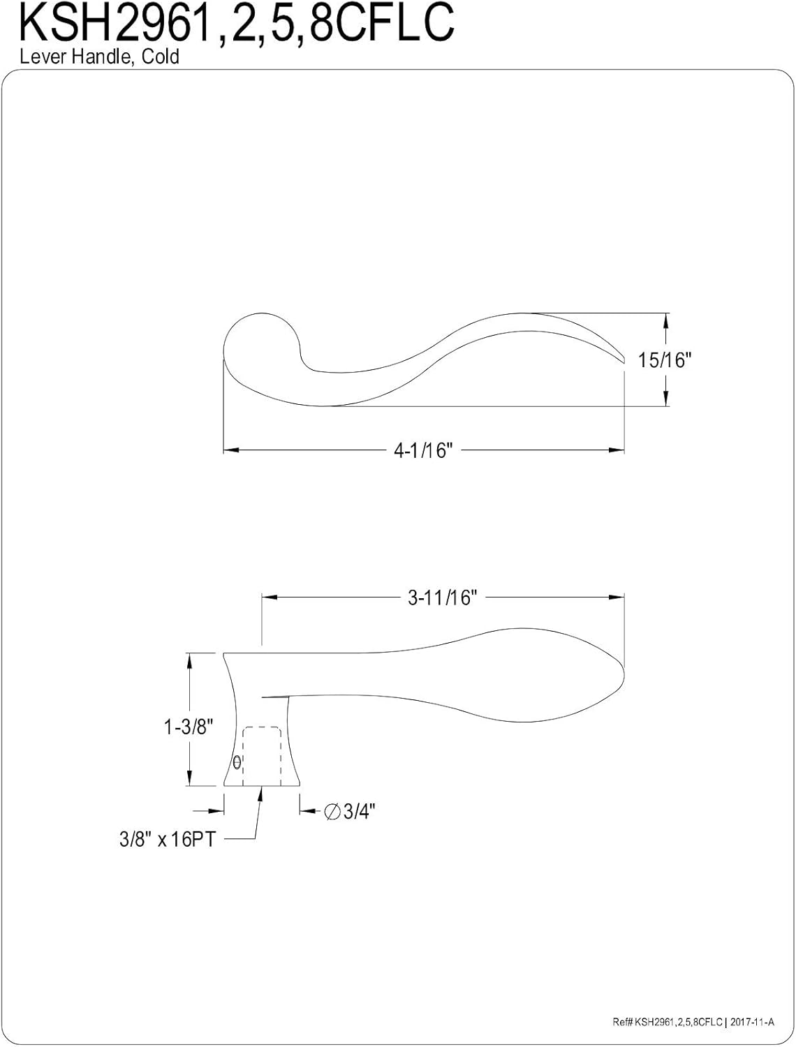 Kingston Brass KSH2962CFLC Brass Cold Handle for KS23625CFL, Polished Brass