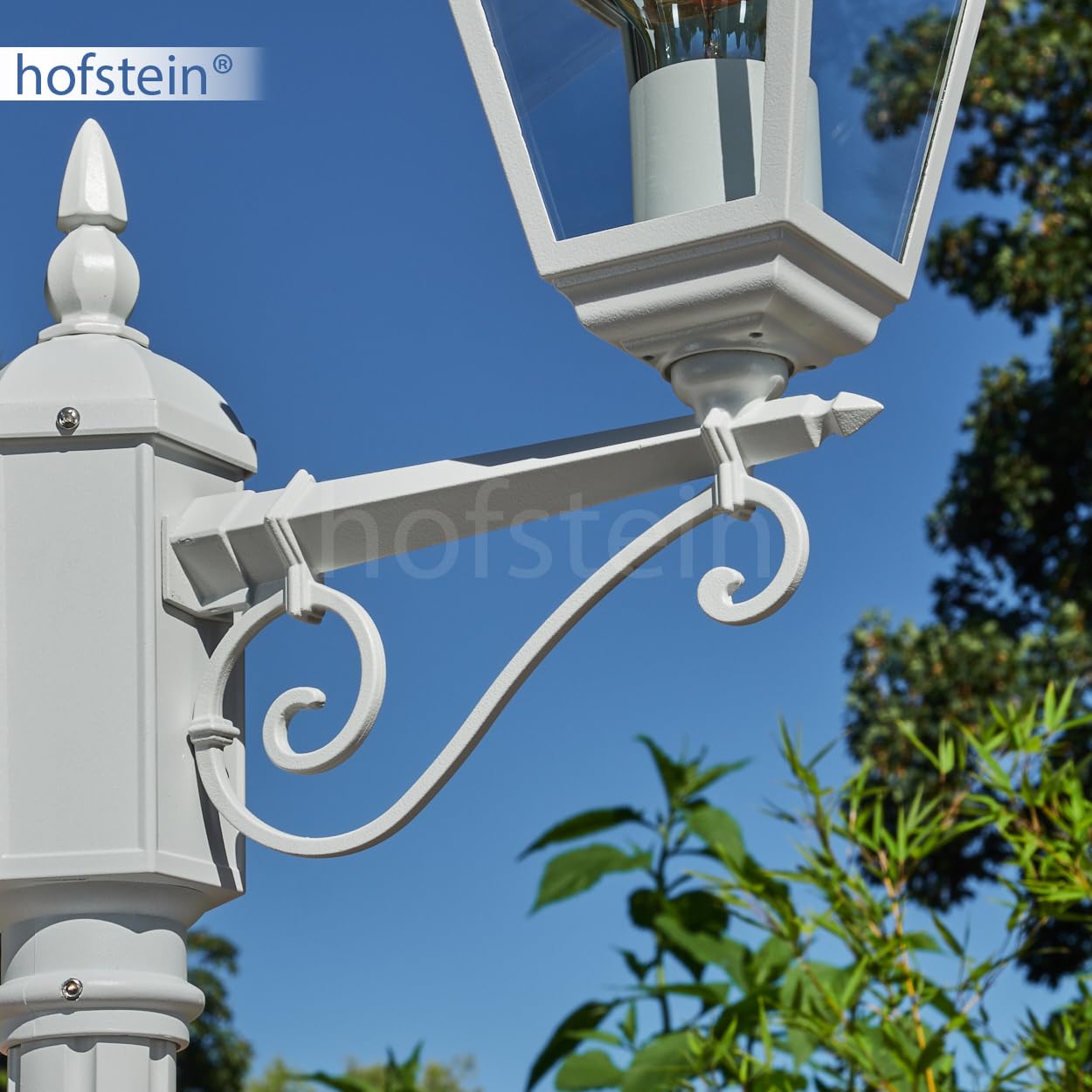 Lampa drogowa zewnętrzna Hong Kong, lampa ścieżki z metalu/szkła w kolorze białym/przezroczystym, kandelabr w antycznym stylu, wysokość maks. 220 cm, oświetlenie ogrodowe IP44, 2 x E27, bez żarówki