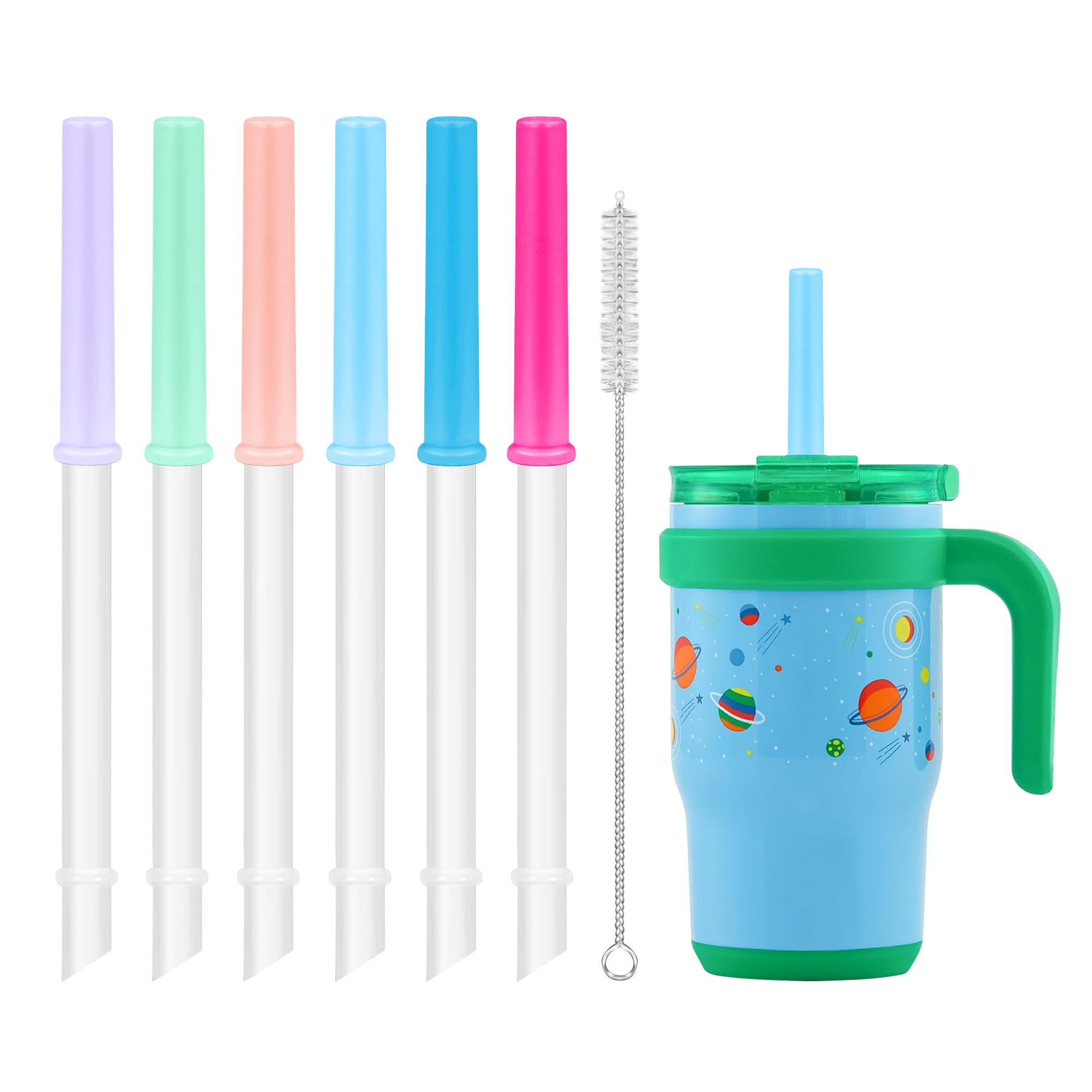 Replacement Straw Set Compatible With Reduce Coldee Tumbler, Reusable Straws Fits Kids 14 oz Coldee Tumblers and Mugs, 6 Pack Replacement Straws And 1 Pack Cleaning Brush, Spill-Proof, Dishwasher-Safe