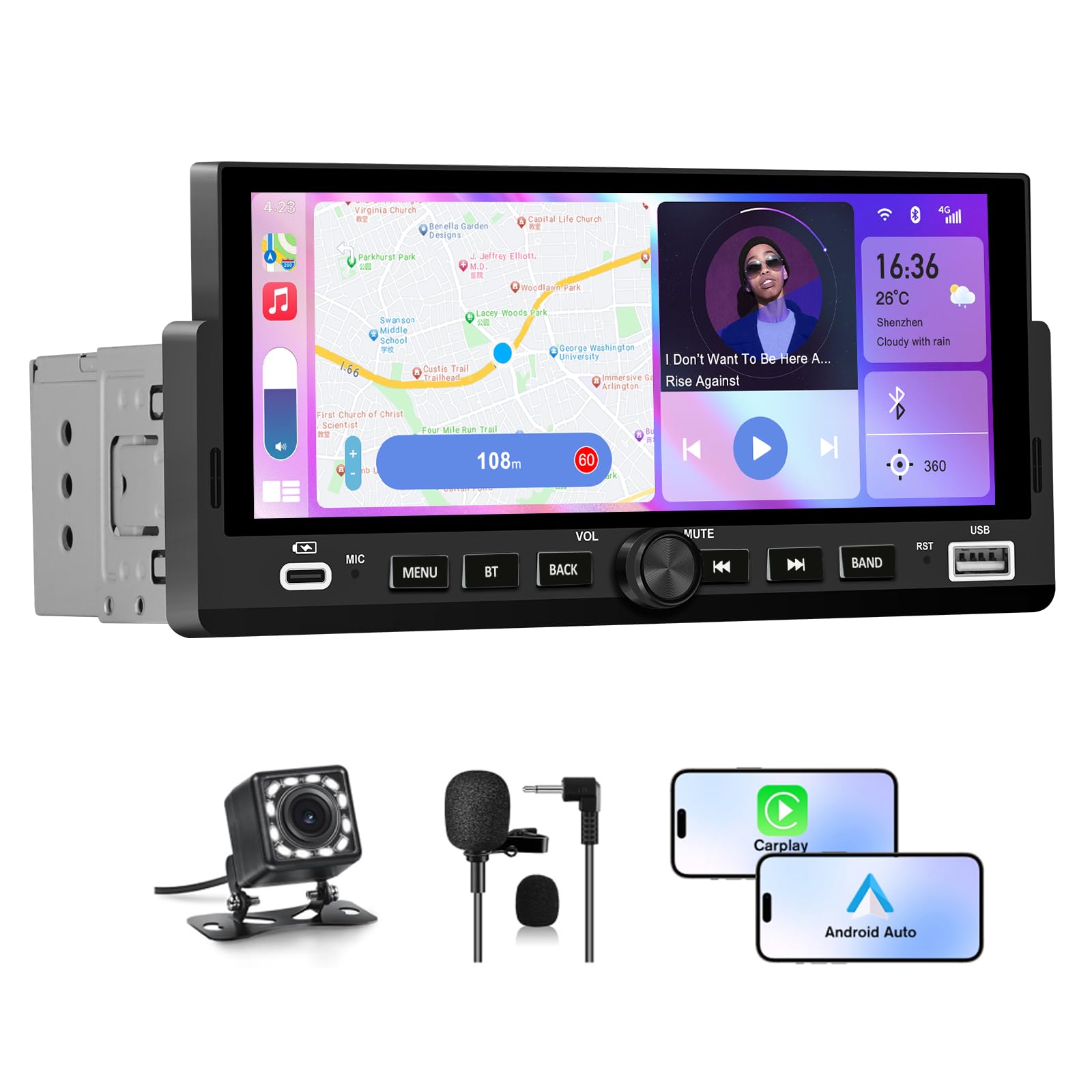 AWESAFE 6.86 Pulgadas 1 DIN Radio Coche Universal con Pantalla Táctil, con CarPlay/AndroidAuto/Admite Carga Type-C/USB/Micrófono/FM/EQ/WiFi/GPS/Bluetooth/USB/SWC y Cámara Trasera