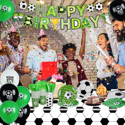 185 Pcs Soccer Party Decorations Soccer Birthday Party Decorations Serves 24, with Plates Napkins Cups Fork Knives Spoon Tablecloth Banner Balloons Sports Soccer Decorations for Party - image 6