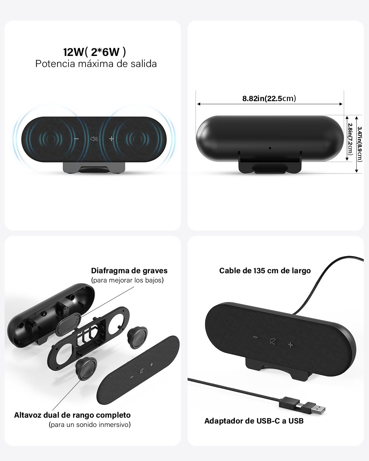 ZETIY Altavoz de PC de 12 W, barra de sonido con monitor USB, diseño de clip, mini caja de altavoces para portátil, sonido estéreo HD, Plug & Play para ordenador, escritorio y portátil