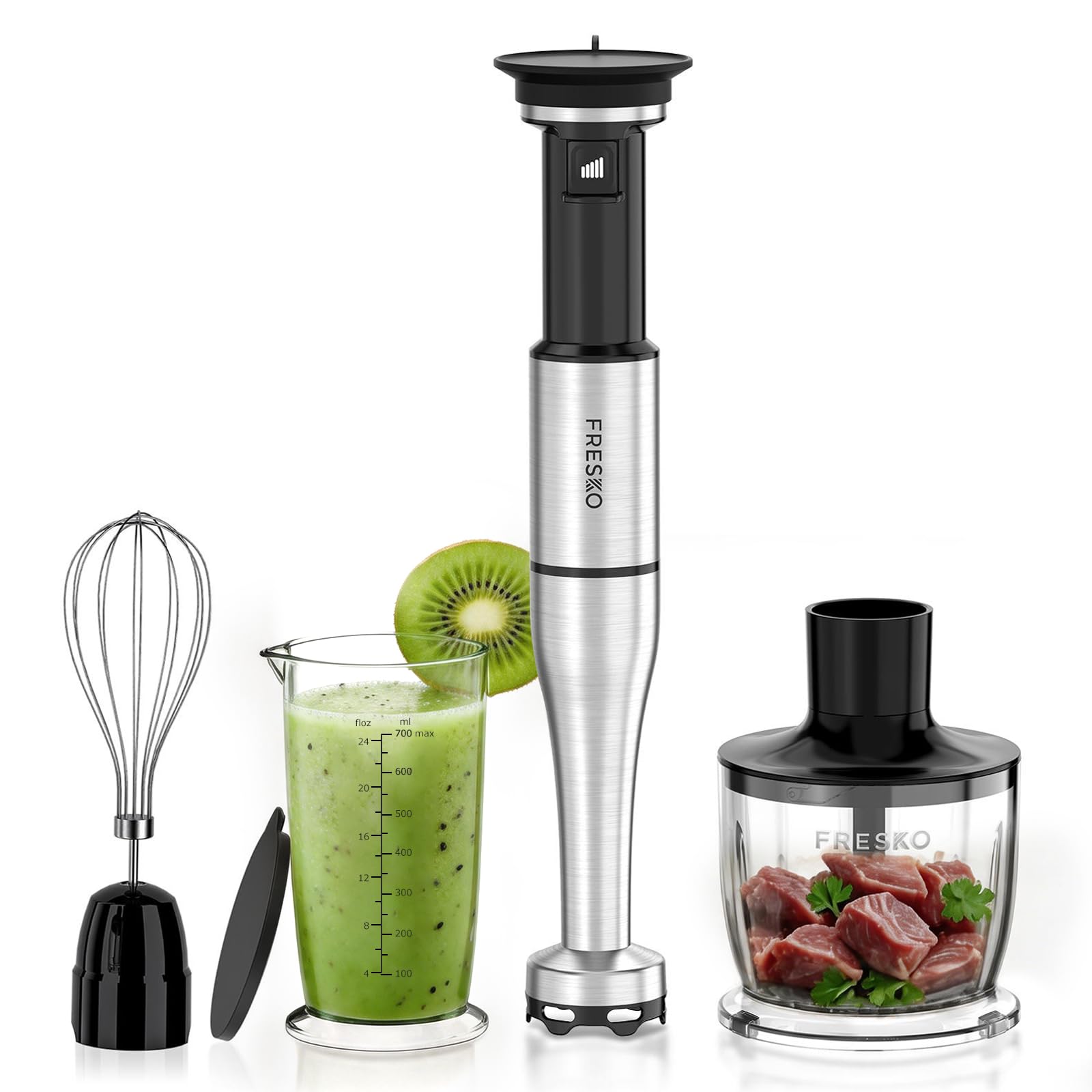 FRESKO Batidora de Mano, 1000W Minipimer en Acero Inoxidable con Protector para Ollas, 5 Accesorios, Velocidad Graduable, Batidora para Alimentos de Bebé, Sopas, Smoothies, Purés, Salsas