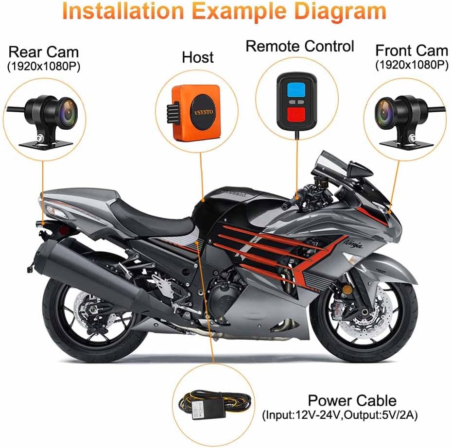 VSYSTO WiFi Motorcycle Dash Camera, Parking Monitoring, Waterproof GPS HD 1080P SONYIMX307 Front and Rear Camera, High Speed Download Video, Motor Wired Controller,Vibration Reminder(Black-Q3)