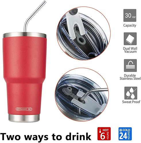 Miniatura 3 de DS Vaso rojo de 30 onzas con aislamiento al vacío de doble pared de acero inoxidable con popote y tapa, cepillo de limpieza para bebidas frías y