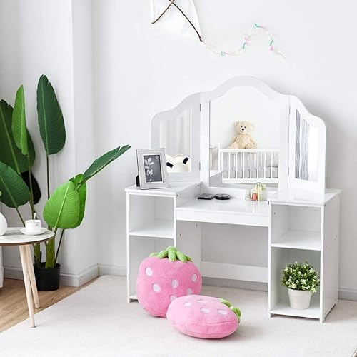 Miniatura 8 de INFANS tocador para niños, juego de escritorio de princesa 2 en 1 con espejo desmontable de tres pliegues, estantes de almacenamiento grandes,
