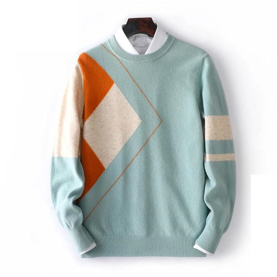 Maglione da uomo con scollo rotondo a rombi di colore abbinato in lana allentata calda e casual camicia di fondo lavorata a maglia