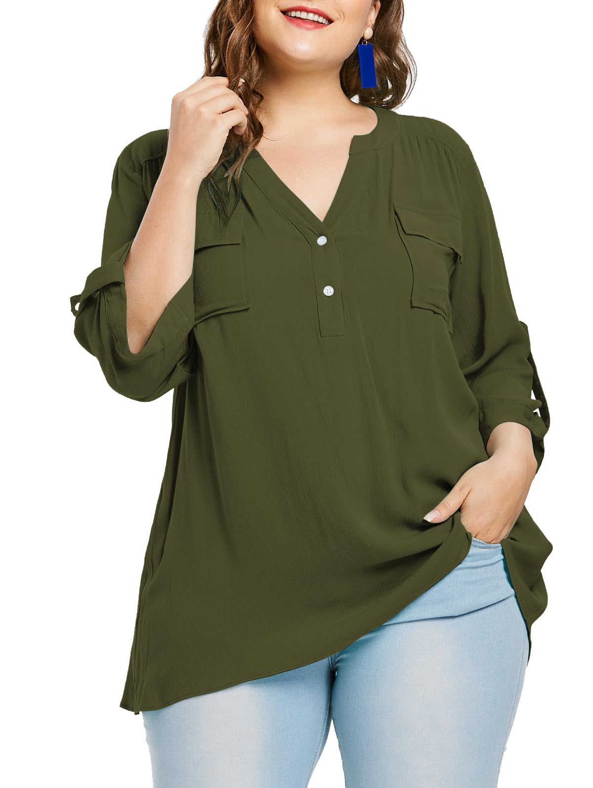 Corfrute Women Plus Size Tops V Neck Button Up Tunic Tops Casual Long Roll Tab Sleeves Blouses Shirts with Pockets