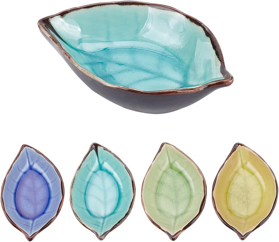PLIGREAT 4 Pcs Ceramic Spoon Rest Colorful Leaf Shaped Spoon Rest Cooking Spo...