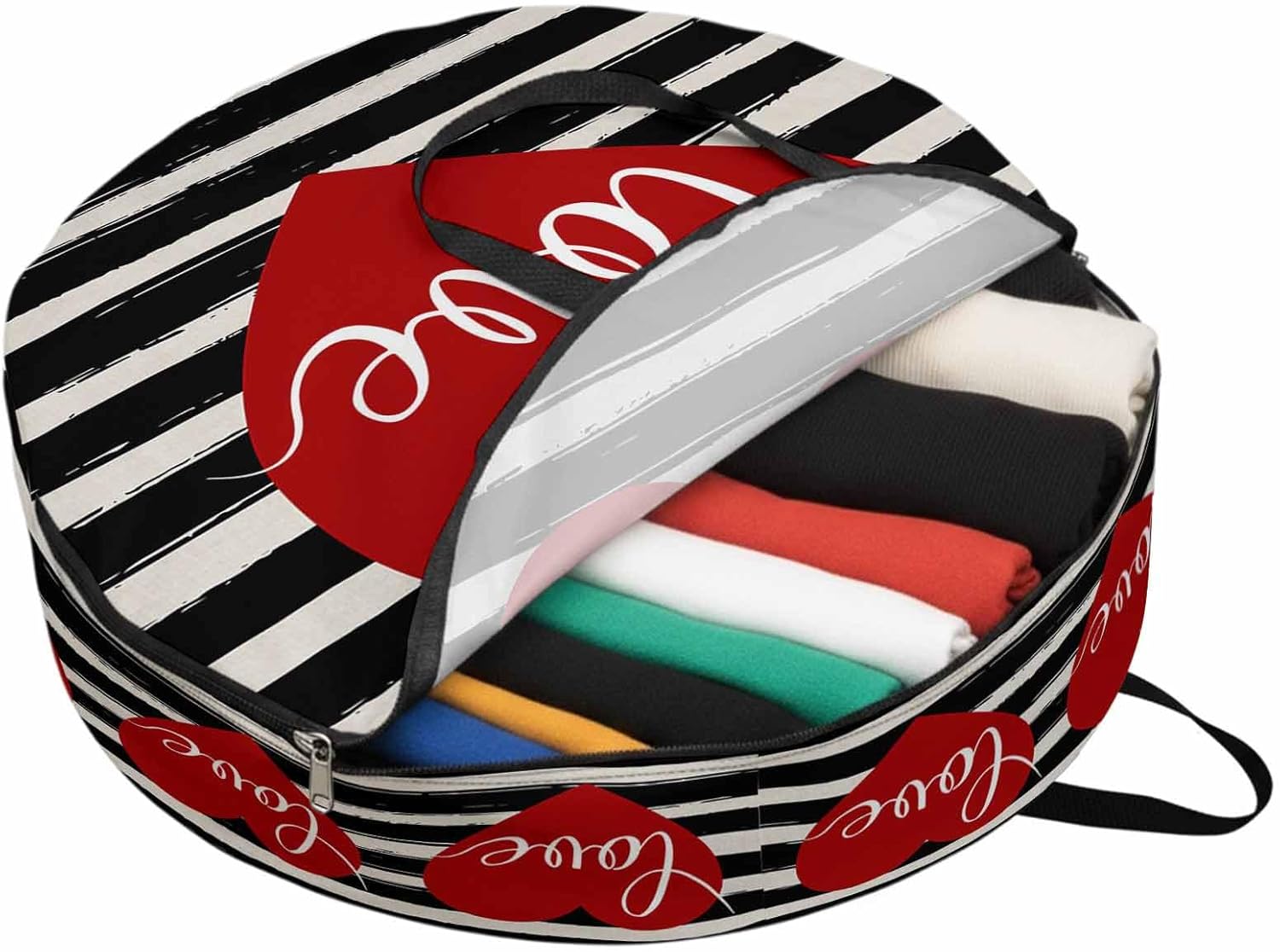 Valentine's Day Round Storage Bag 36 Inch, Red Love Heart Black White Stripe Clothes Storage Container with Handles Heavy Duty Organizer for Comforter, Bedding & Holiday Wreaths