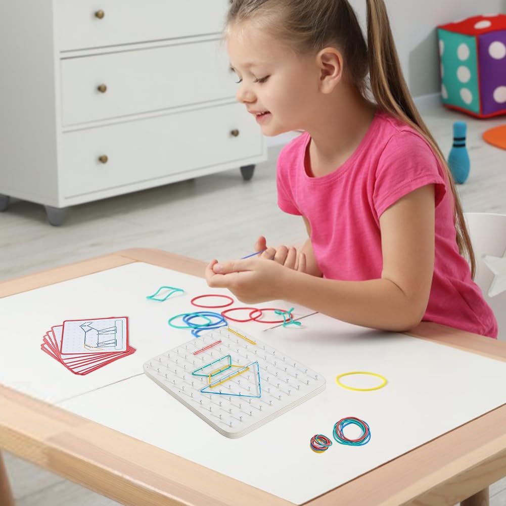 DICOSMETIC 2 Sets Wooden Geoboard Graphical Educational Games Graphical Math Pattern Blocks Geo Board Including 2Pcs 10x10 Wood Board, 20Pcs Pattern Cards and 96Pcs Rubber Band