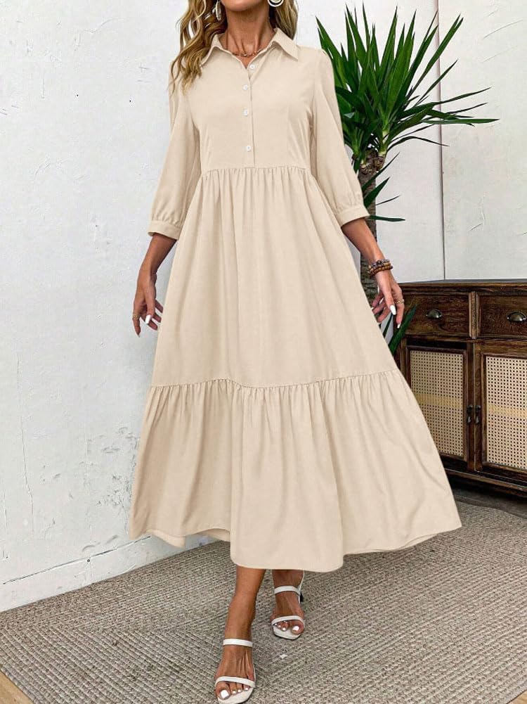 chouyatou Women's Casual Button Up Polo Collar Shirt Dress 3/4 Sleeve Ruffle Tiered Maxi Long Dress - Image 6