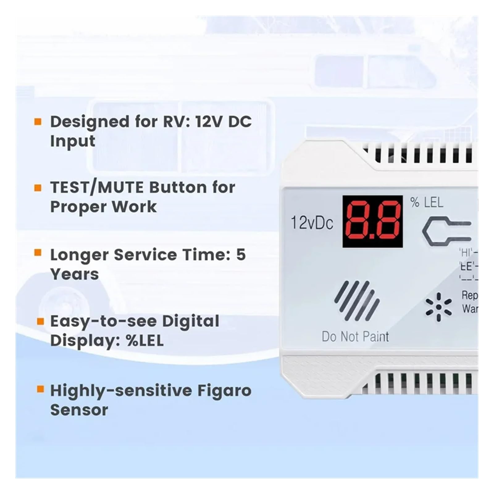 Detector de Gases, Detector de propano 12 V, Sensor Gas Natural GLP, Alarma Fugas, Sirena 85 dB for Coche, Caravana, hogar, medidor Digital (Blanco)