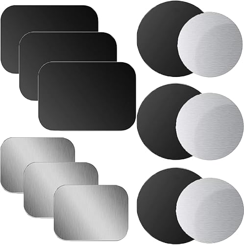 Miniatura 1 de Paquete de 12 placas de metal de montaje para imán de teléfono con 4 tamaños diferentes para soporte de automóvil con adhesivo 3M, compatible con