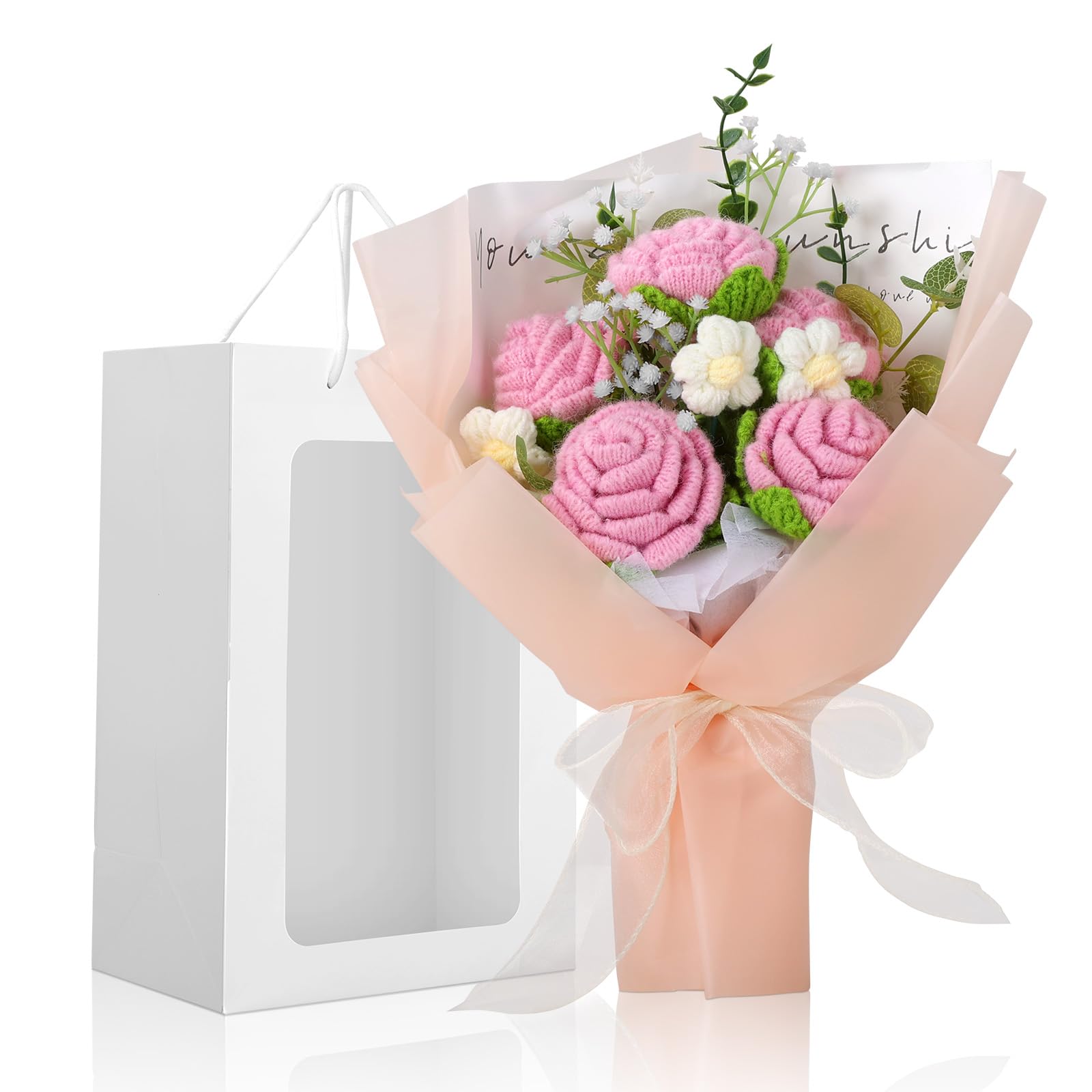 Foyucool Ramo de Flores de Ganchillo, Ramo Terminado Hecho a Mano con Bolsa de Regalo, Manualidad para Adultos, para Bodas, Día de la Madre, Día del Maestro y San Valentín, Rosa Roja — view 10