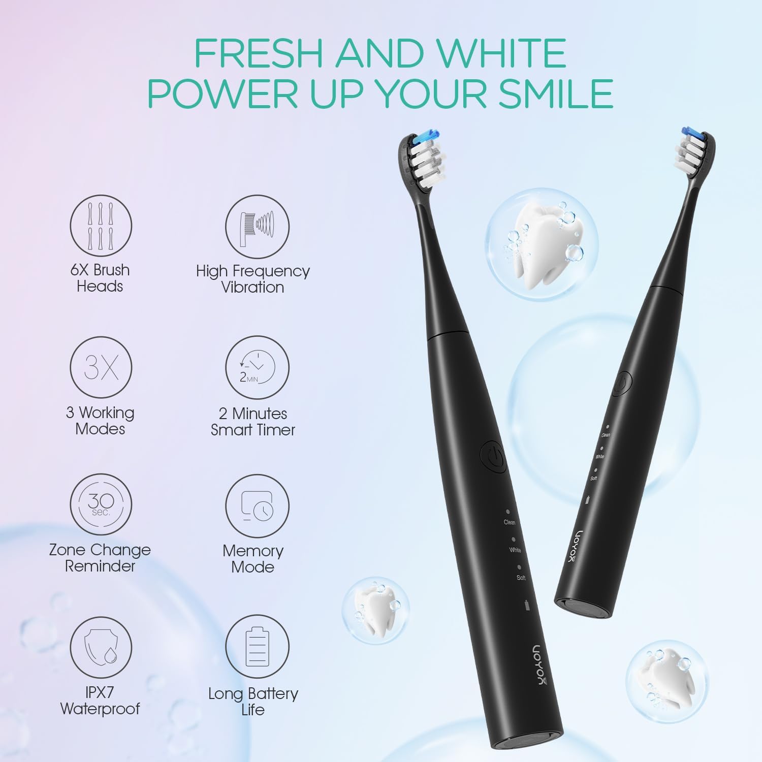 VOYOR-HEALTH Sonic Electric Toothbrush for Adults,Tooth Brushes with 6 Brush Heads,70-Day Battery Life,IPX7 Waterproof Rechargeable Travel Toothbrushes with 3 Modes for Family Use ET110(Black)