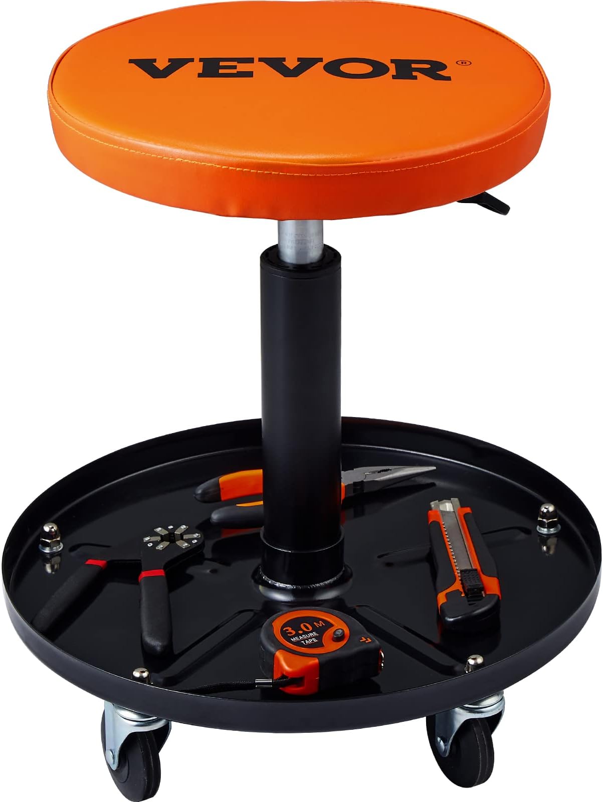 – VEVOR Mechanic Stool, 250 LBS Rolling Pneumatic Creeper Garage/Shop Seat, Adjustable Height 22 in-28 in Padded Rolling Workshop Stool with Tool Tray, for Garage, Shop, Auto Repair, Black+Orange