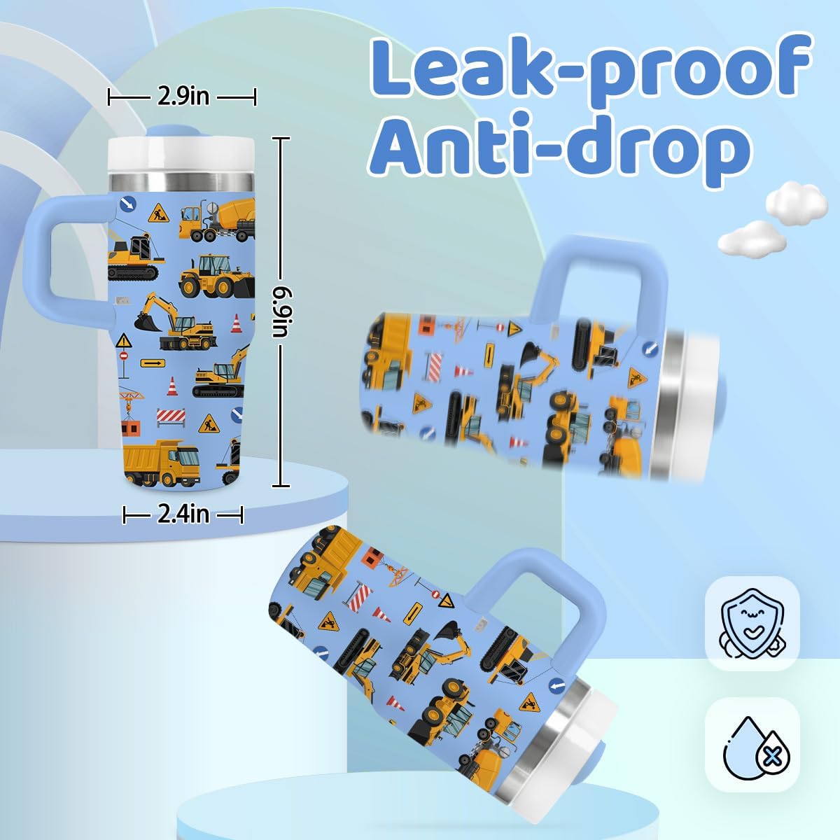 14oz Construction Truck Tumbler with Handle and Straw for Boys, Monster Truck Tumblers, Fathers Day Birthday Gifts for Men Boy, Double Wall Vacuum Reusable Cup - Image 3