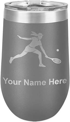 Miniatura 8 de LaserGram Vaso de vino de acero inoxidable de doble pared, mujer jugadora de tenis, grabado personalizado incluido (negro)