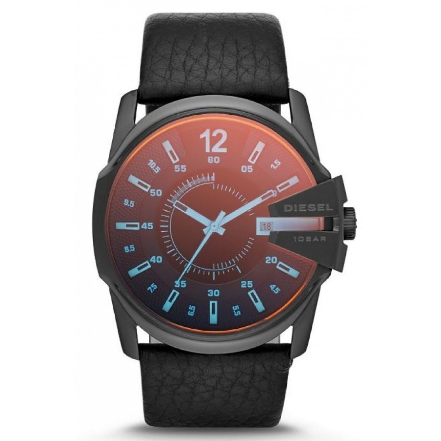 Diesel Orologio Master Chief da uomo, movimento a due lancette con data, cassa in acciaio inossidabile nero da 45 mm e cinturino in pelle, DZ1657