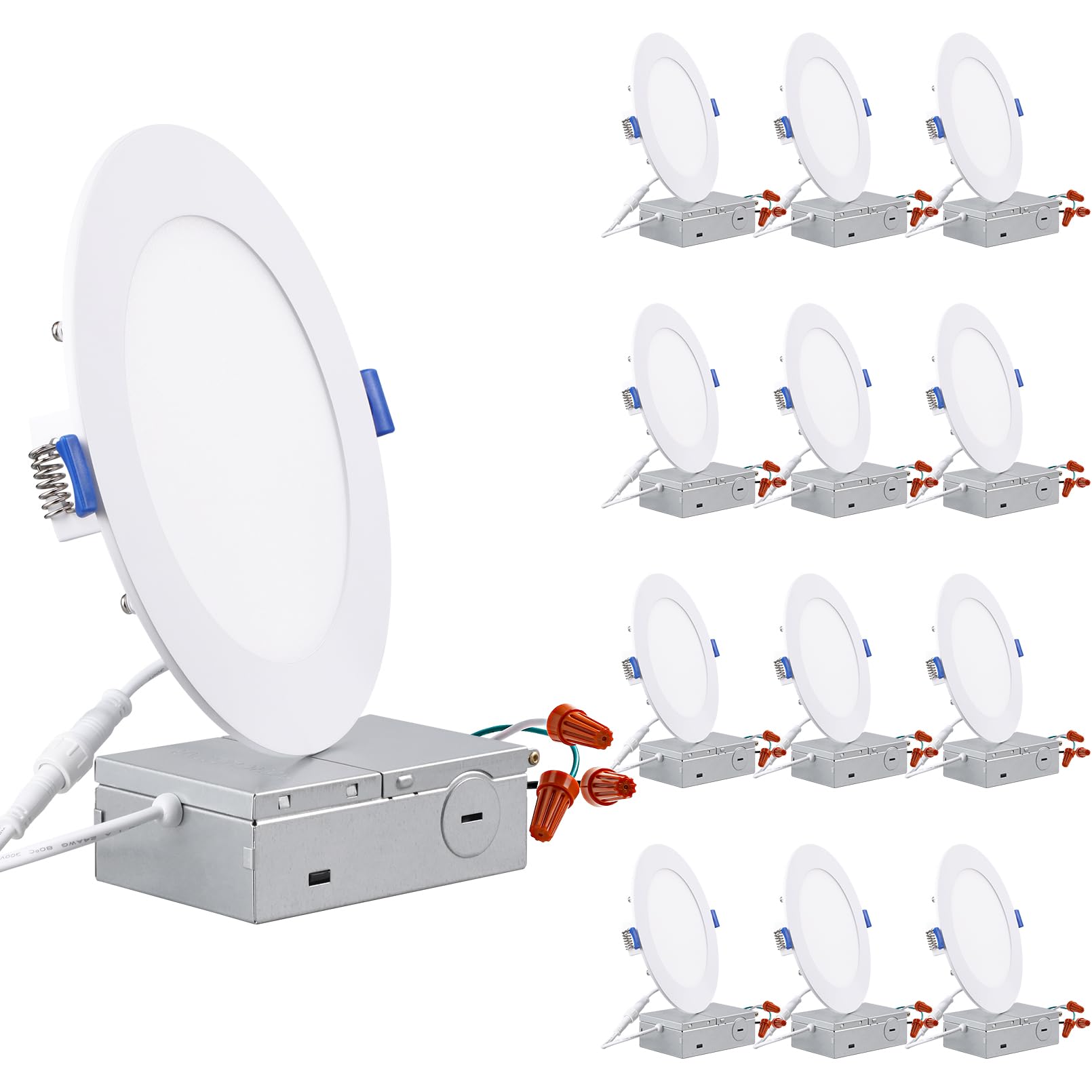 TORCHSTAR Basic Series 12-Pack 6 Inch Ultra-Thin LED Recessed Lighting with Junction Box, CRI90, Aluminum, 5000K Daylight, 5%-100% Dimmable Slim Recessed Downlight, 12W 1100LM, ETL and Energy Star