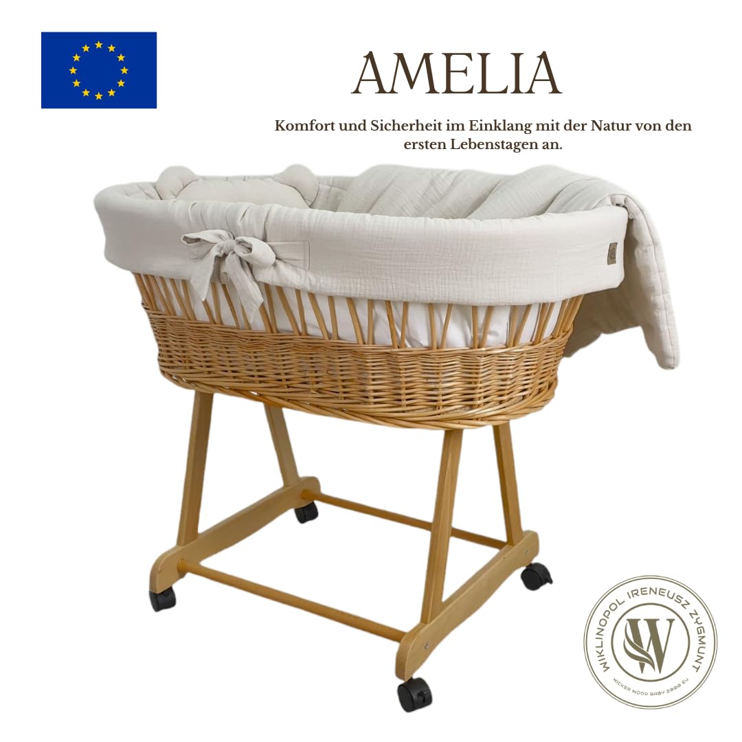 Generic cesta, moisés, carrito marrón/natural con estructura, colchón y ropa de cama (crudo)
