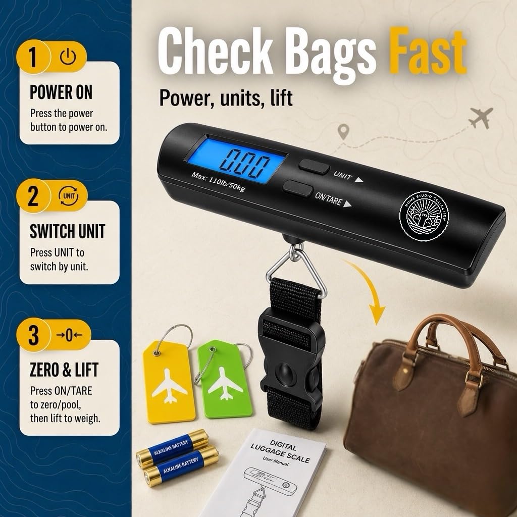 Gepäckwaage mit digitalem HD-LCD-Display, 50 kg Kapazität, Gewichtswaage für schweres Gepäck, digitale Gepäckwaage für kleine bis große Taschen, inklusive Batterie, Farbe: Schwarz