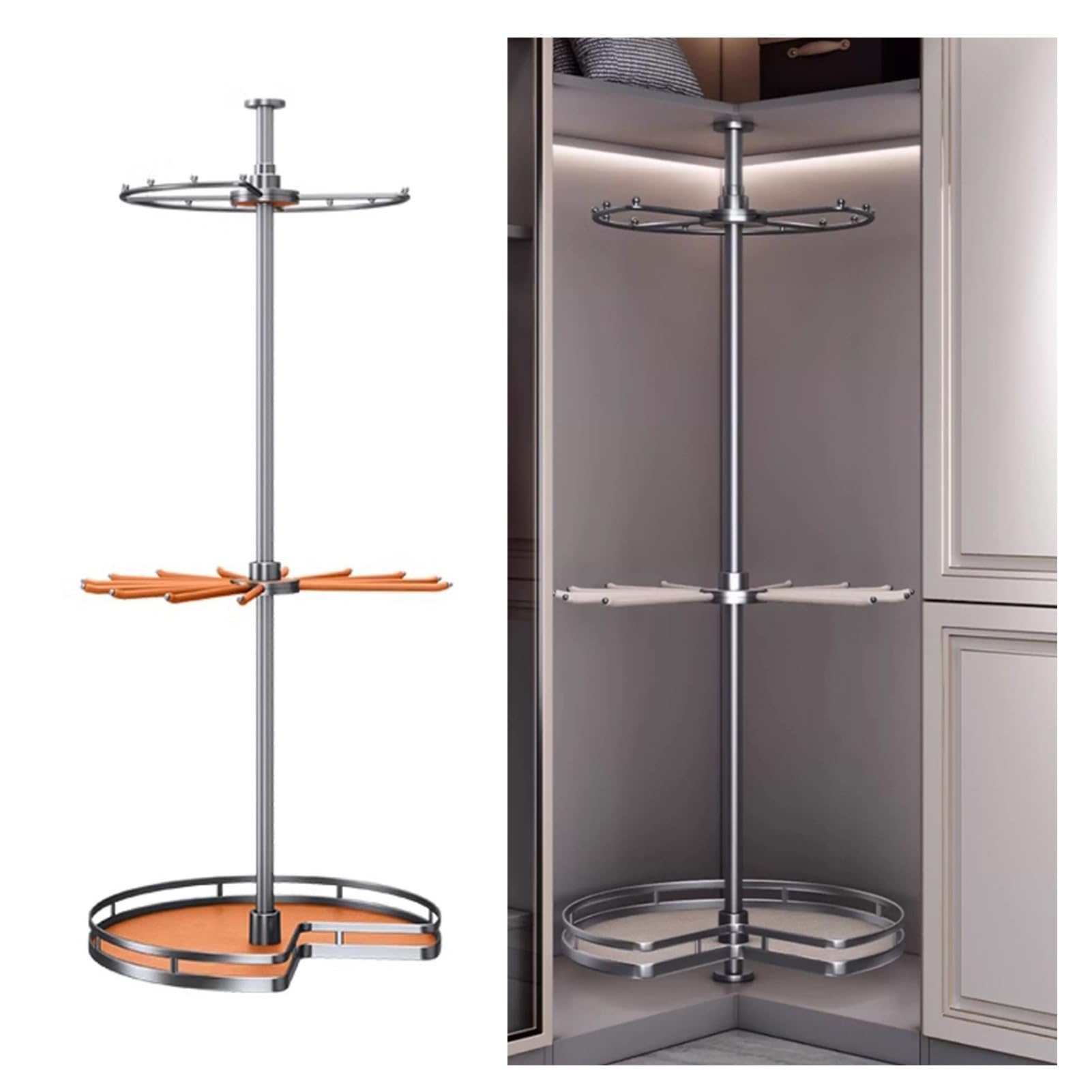 360° Rotating Round Closet Rod,Cloakroom Corner Storage Organizer,3-Tier Wardrobe Hanging,60kg Load Capacity for Bedroom Living Rooms(Color1,1900-2100mm)