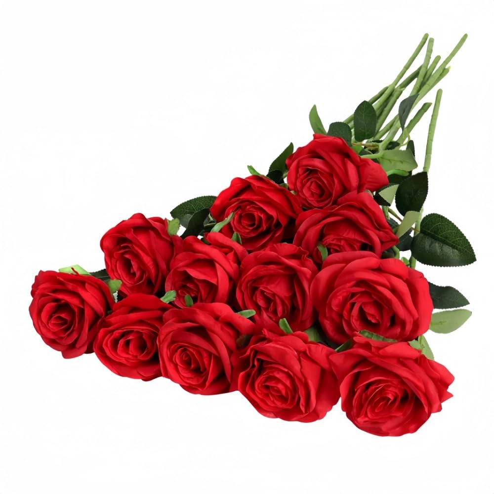 Waibejon 12 Pcs Artificial Roses, Red Fake Roses Artificial Flowers, with Stems Fake Artificials Red Rose Silk Flowers