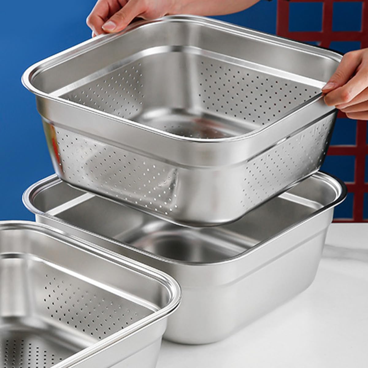 Colador de Acero Inoxidable de Gran Capacidad Forma Cuadrada, Resistente y Ahorra Espacio, Adecuado para Cocinar y Lavar Verduras y Frutas Cocina
