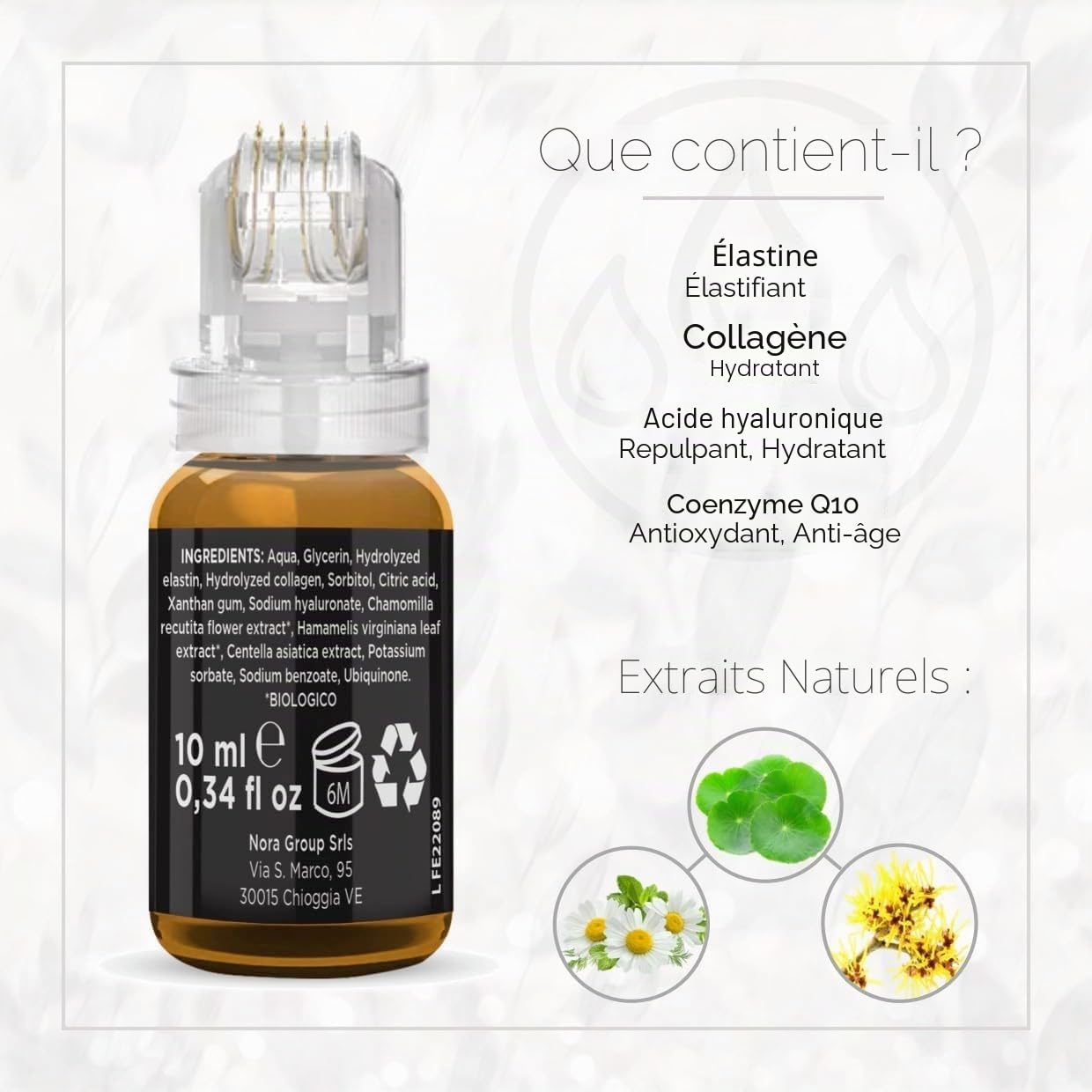 Opax Dermaroller 0,25 mm pour microneedling visage – Soin de la peau – Sérum 10 ml à l’acide hyaluronique, Coenzyme Q10, Collagène et Élastine – Fabriqué en Italie