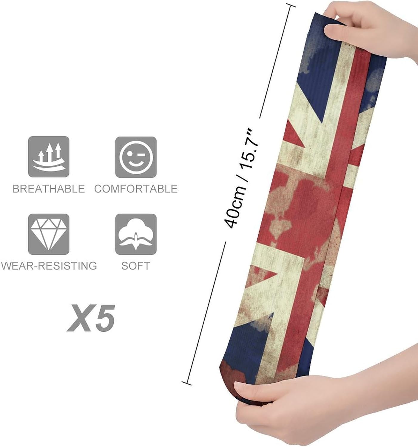 5-Pack Knee High Socks, 15.7 Inch Breathable Casual Socks Vintage Union Jack British Flag Stockings for Men Women