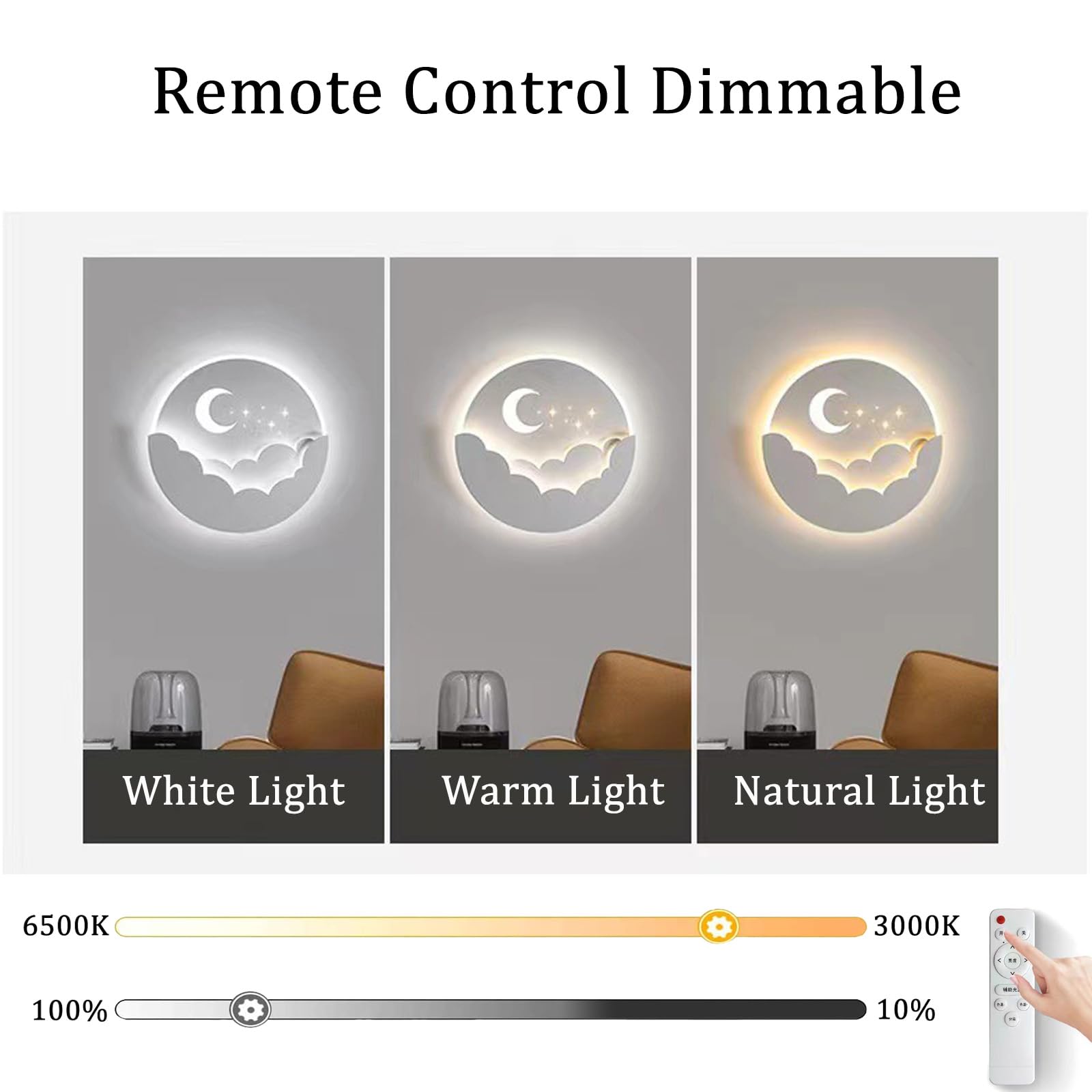 Lampade da Parete, luci a LED per Interni, Moderne, dimmerabili, a Forma di Luna e Sole, con Telecomando, in Alluminio Acrilico, Luce Notturna per Camera da Letto e Bambini/Bianco/
