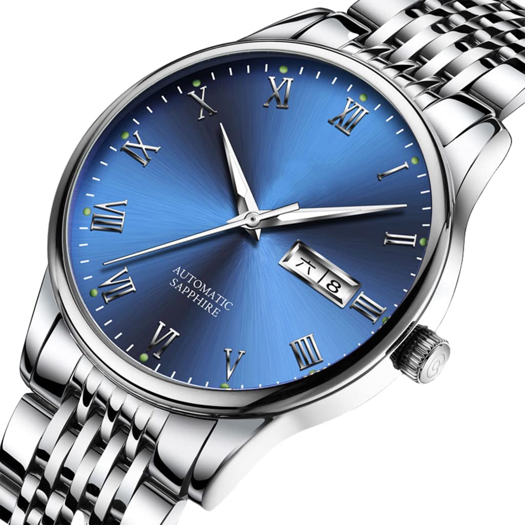 Męski nowoczesny mechaniczny zegarek z paskiem ze stali nierdzewnej automatyczny świecący wielofunkcyjny wodoodporny zegarek na rękę Chronograf zegarek (kolor: A)