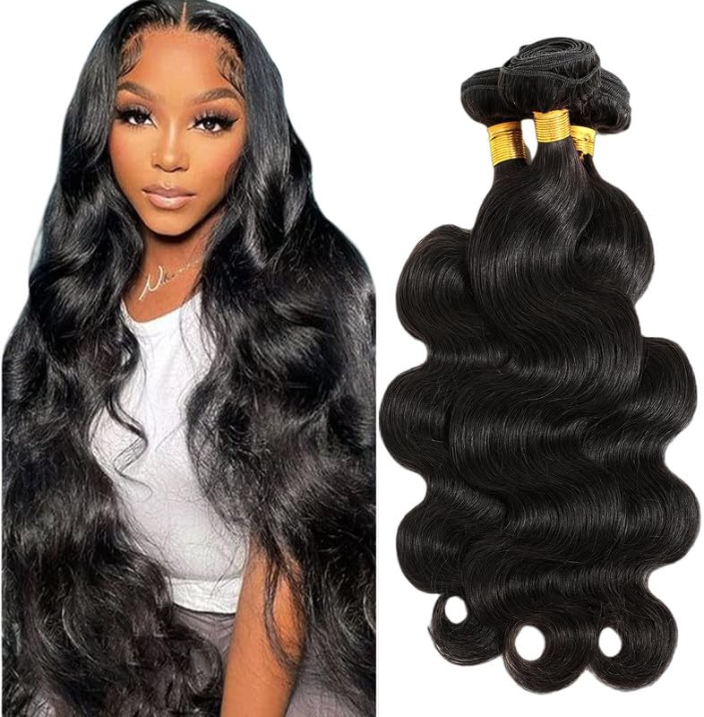 Body Wave Bundles Human Hair 26 28 30 Inch Human Hair Bundle 100% Unprocessed Brazilian Virgin Hair 3 Bundles Human Hair Extensions for Black Women Natural Color