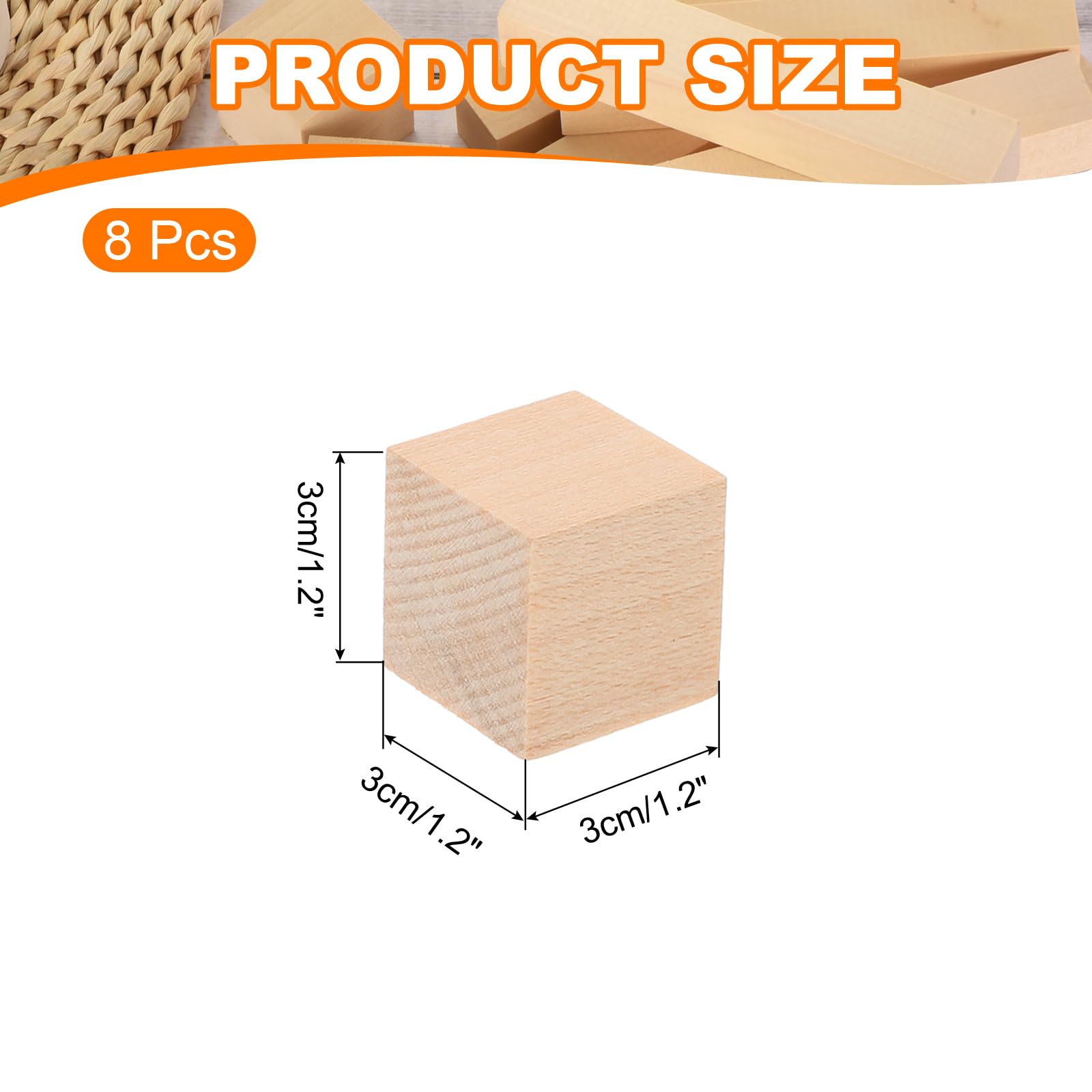 MECCANIXITY 8 bloques cuadrados de madera de tilo, 1.2 x 1.2 x 1.2 pulgadas, piezas de madera para bricolaje, decoración artística, manualidades, tallados a mano