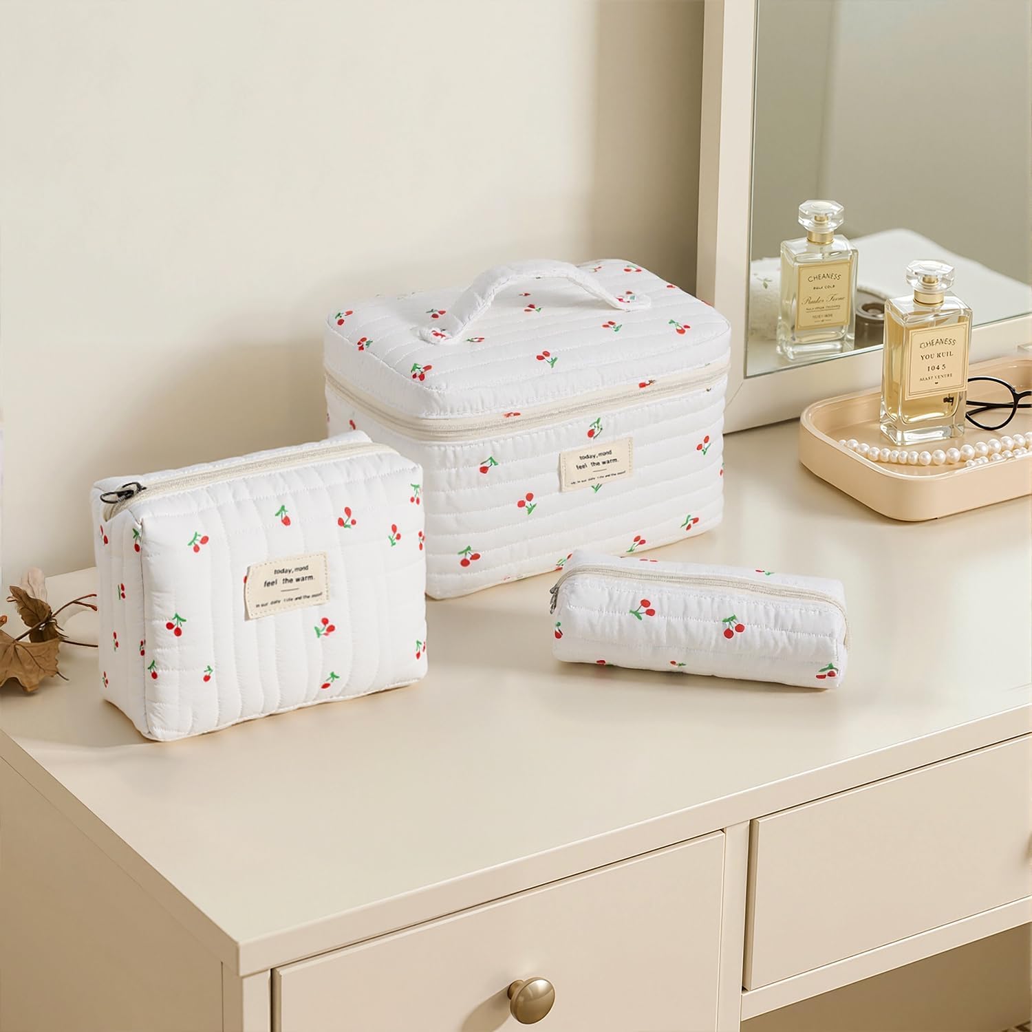 3Pcs Cotton Quilted Makeup Bag for Women Girls, Large Floral Cosmetic Bag Set Cute Makeup Brushes Aesthetic Accessories Storage Bag Cherry Travel Toiletry Bag Organizer - Image 7