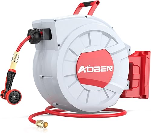 AOBEN Carrete de manguera de jardín retráctil, carrete de manguera de agua montado en la pared de 12 pulgada x 120 pies, con sistema de rebobinado
