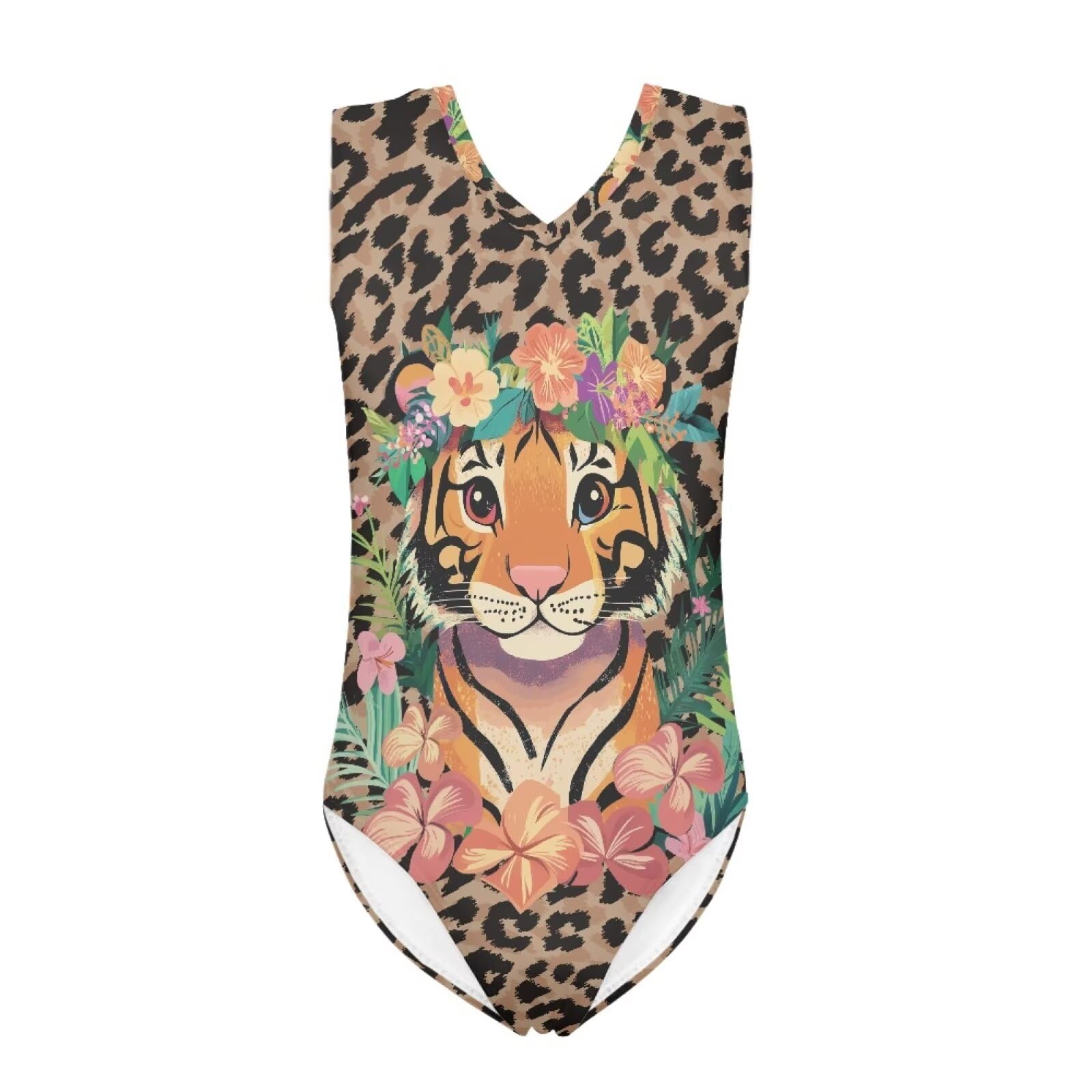 QWEFVB Gymnastics Leotard for Girls Outfit Kids Sleeveless Unitard One-Piece Dancewear,Tiger Leopard Print Flower
