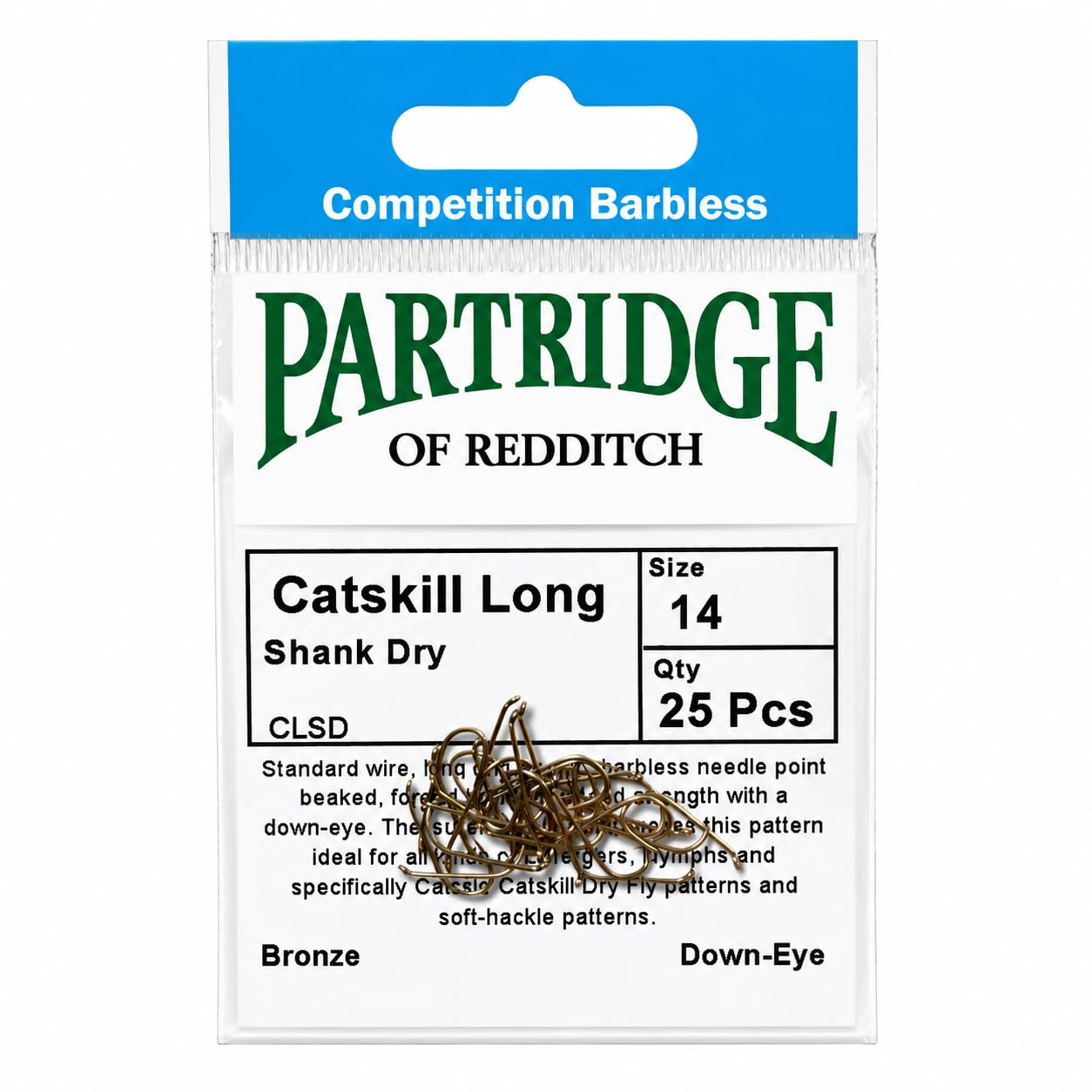 Partridge Catskill Long shank Dry Fly Fishing Hook sizes 10, 12, 14, 16, 18, 20 and 22 (#22)
