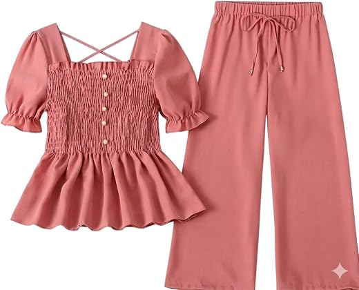 Codetrot Girls &amp; Women Co-Ord Set Top and Palazzo Pant | Top with Puff Sleeves | High Waist Elasticated Wide Leg Palazzo |...