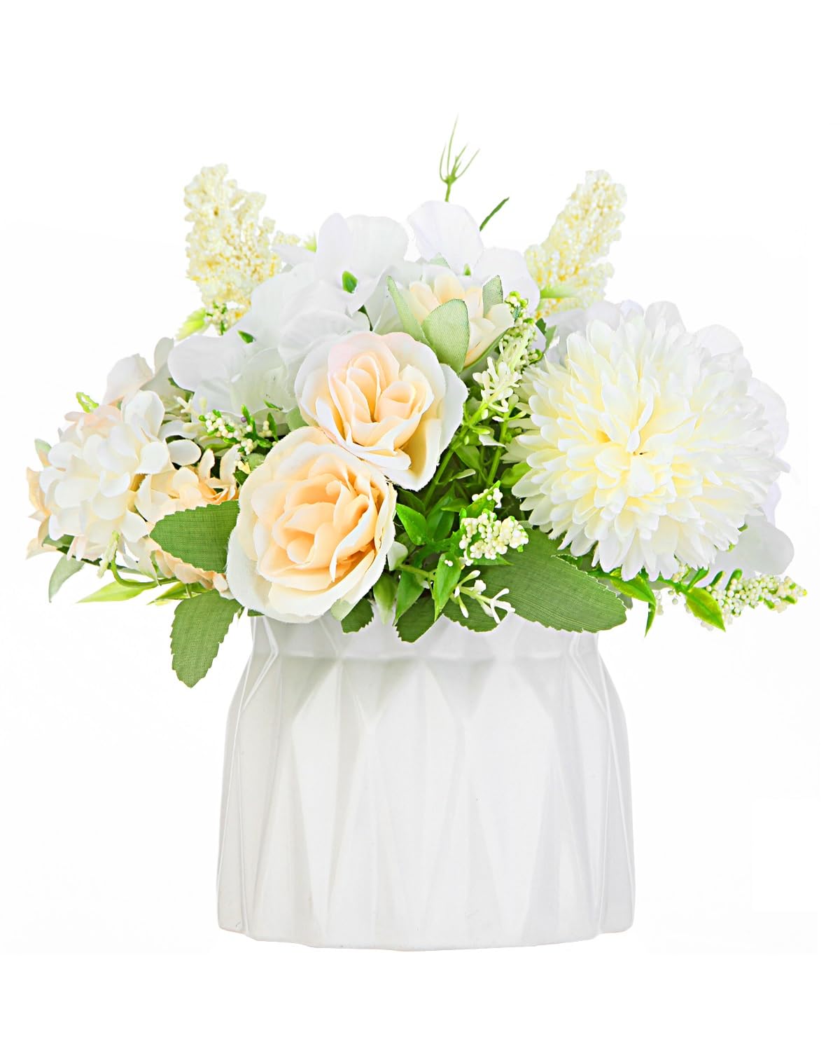 Gioyonil Artificial Flower Arrangement in Vase, White Silk Rose Hydrangea Chrysanthemum Fake Flower Bouquet with Ceramic Vase for Wedding Dining Table Centerpiece Bathroom Kitchen Decor
