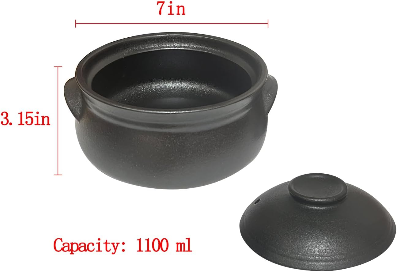 Korean Premium Stoneware Black Casserole Clay Pot with Lid,For Cooking Hot Pot Dolsot Bibimbap and Soup .(1100ml)