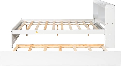 Miniatura 6 de P PURLOVE Cama de plataforma de madera con nido y estantería, marco de cama de plataforma completa, no necesita somier (tamaño matrimonial, blanco)
