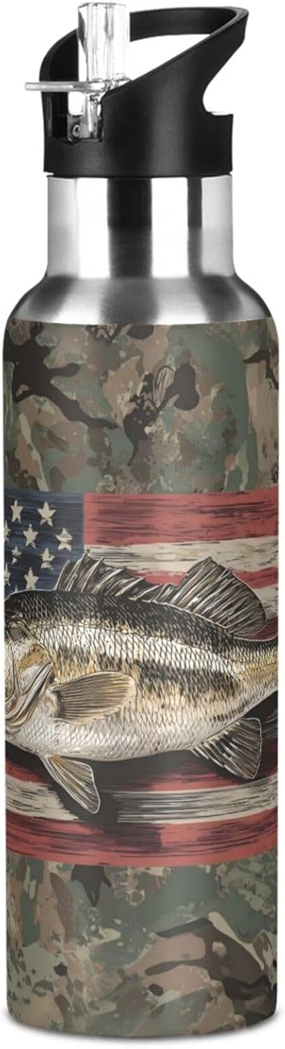 Camo Fish Insulated Sports Water Bottles Stainless Steel Hot Cold Water Flask Leak-Proof with Straw Lid for Sports Gym Running 20 Oz