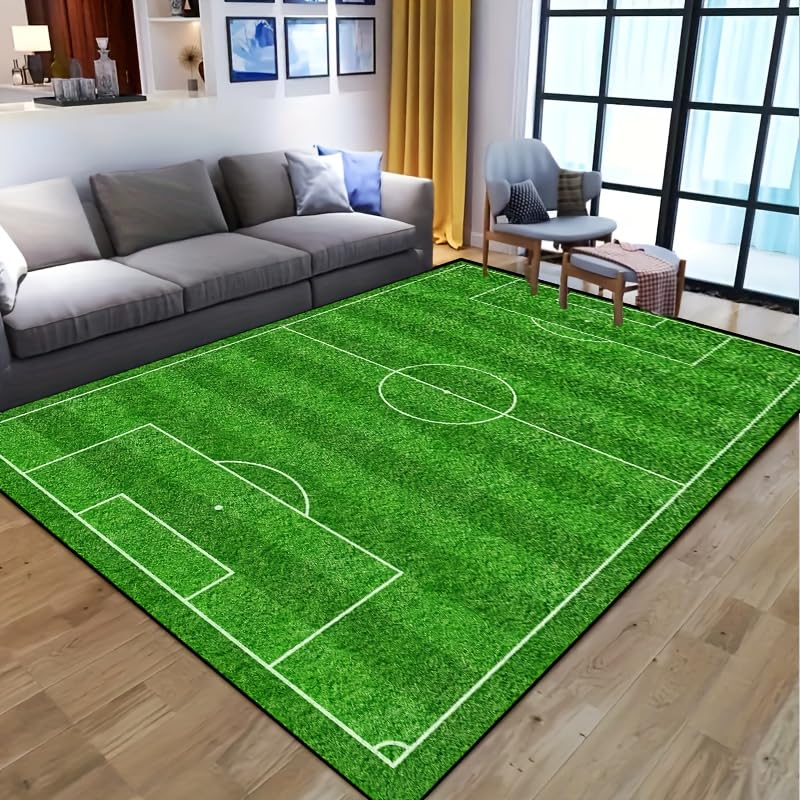 Bycmuoz Football Field Area Rugs, 60x110cm, Green Soccer Pitch Children's Rugs, Football Enthusiast Floor Decor Carpets, Washable Easy Clean Pet Friendly Printed Carpet for Family Bedroom