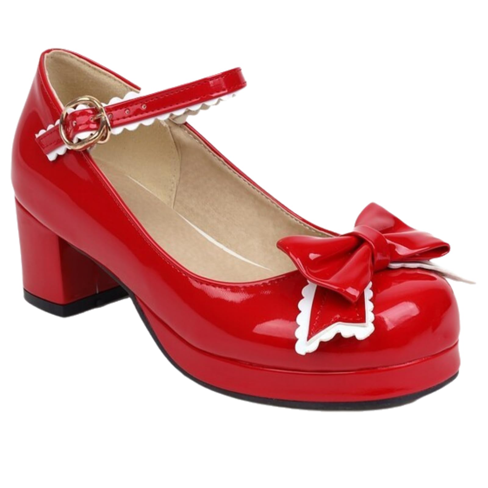 Yummsion Women's Red Mary Janechunky Platform Mary Janes Shoes, Round Toe Ankle Strap Marys Janes,Marys Jane Chunky Heels High Heels,Bow,Patent Leather,Comfortable,For Business Office Work