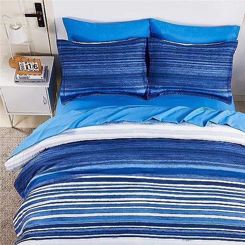 Image of KAKIJUMN 5 Piece Bed in a Bag Stripe Comforter Set Twin Size, White and Blue Patchwork Striped Comforter and Sheet Set, All Season Soft Microfiber Complete Bedding Sets(Blue,Twin)