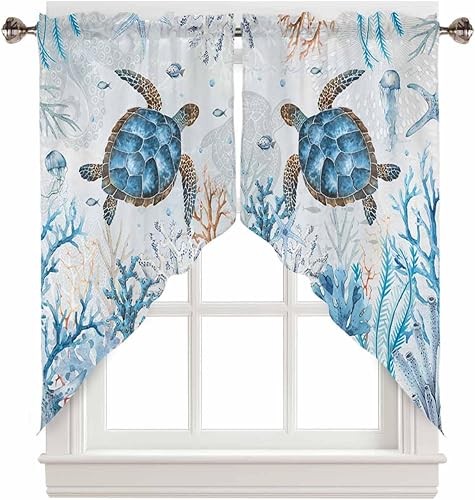 Miniatura 3 de PRINT PICTURE ARTHOME Juego de 2 cenefas de cortina de tortuga marina para ventanas, coral océano, medusas con bolsillo para cortinero, paneles de